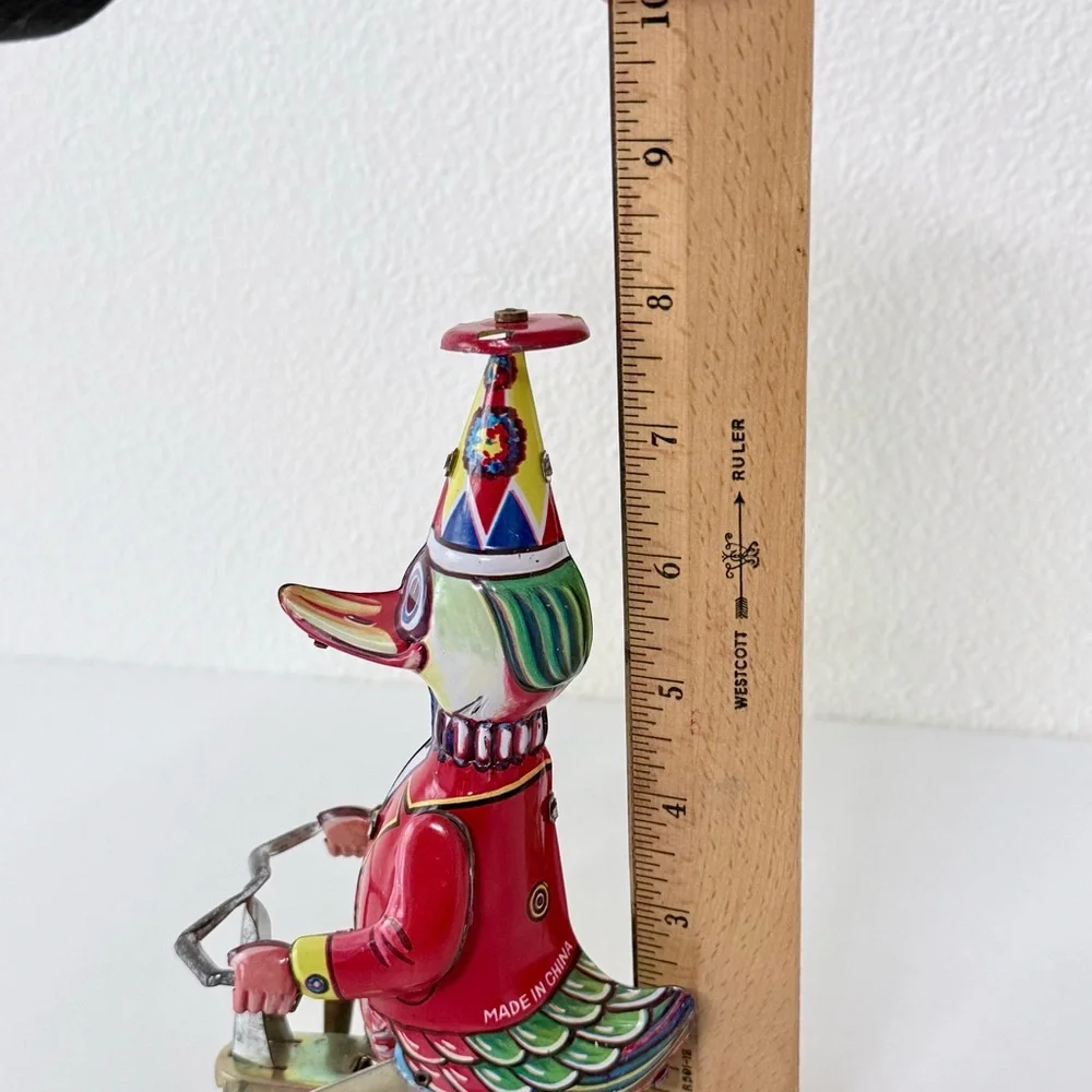 Vintage Litho Tin Toy Duck On Tricycle - Attached Key - 1970s-Collectible